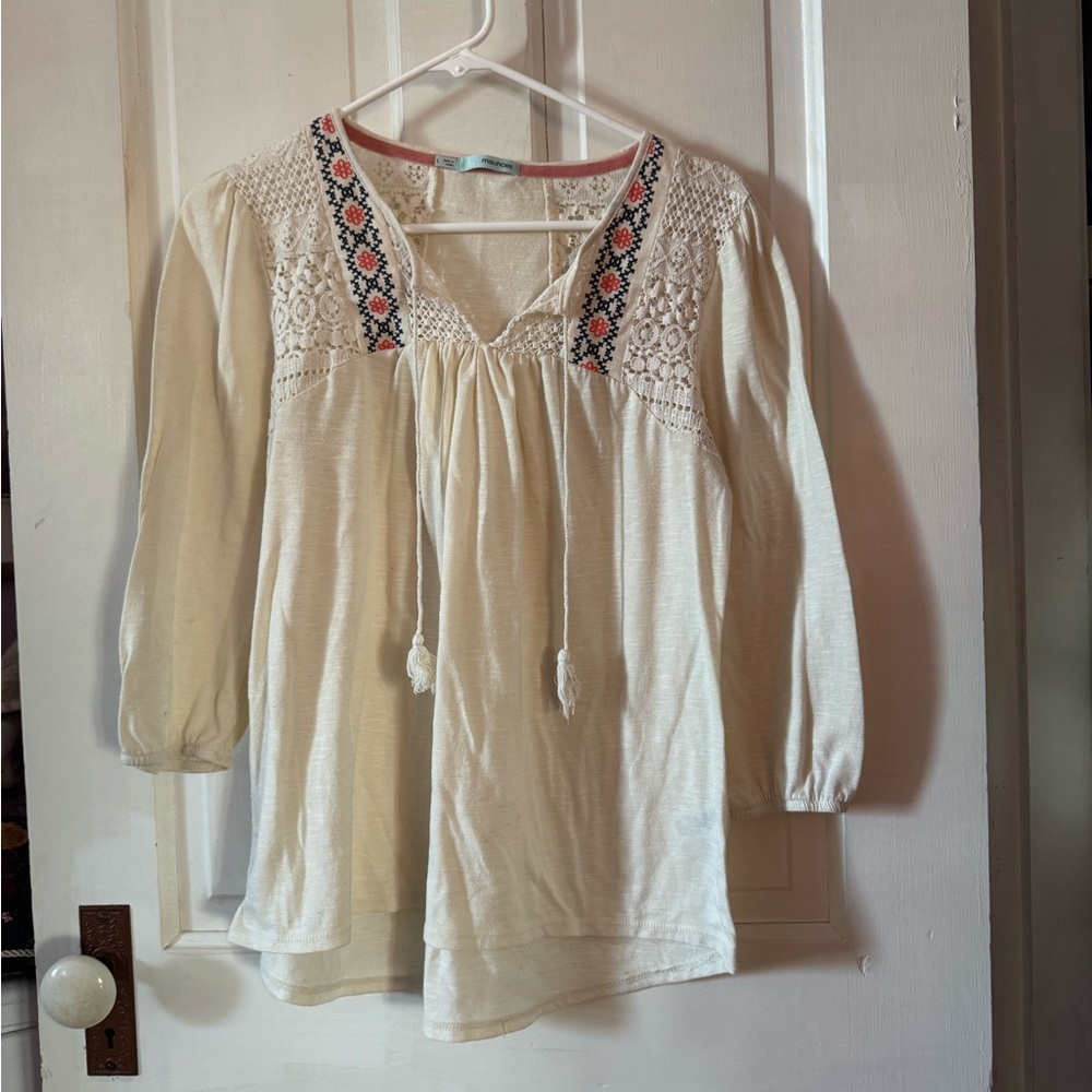 Maurices Cream and Pink Embroidered Blouse